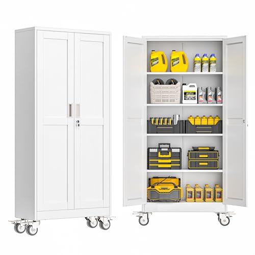 GAIOUS Metal Garage Storage Cabinet with Lock, Steel Tool Cabinet with 2 Door and 4 Adjustable Shelves, 71” Tall Lockable File Cabinet with Wheels, Rolling Cabinet for Home Office Garage Gym - White - color: White, size: 14.96"D x 29.92"W x 70.87"H