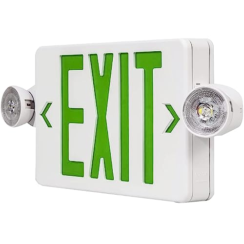 Green LED Exit Sign Emergency Lights with 2 Adjustable Head Lights, Green Letter Emergency Exit Lighting with Battery Backup, US Standard Double Sided ABS Fire Resistant UL 924 AC 120/277V (1-Pack) - color: 1-Pack
