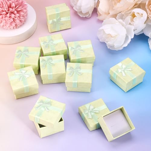 Craftdady 12Pcs Square Ring Jewelry Boxes 1.59 x 1.59x 1.02 Inch Cardboard Earring Necklace Pendant Present Jewelry Boxes with Bowknot Small Packing Boxes for Bracelet Jewelry Display (Light Green) - color: Light Green