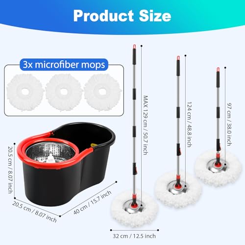 Spin Mop and Bucket with Wringer Set, 360° Spinning Mop Bucket System with 3 Microfiber Mop Replacement Heads Refills, Stainless Steel Extended Handle for Floor Cleaning Home Office