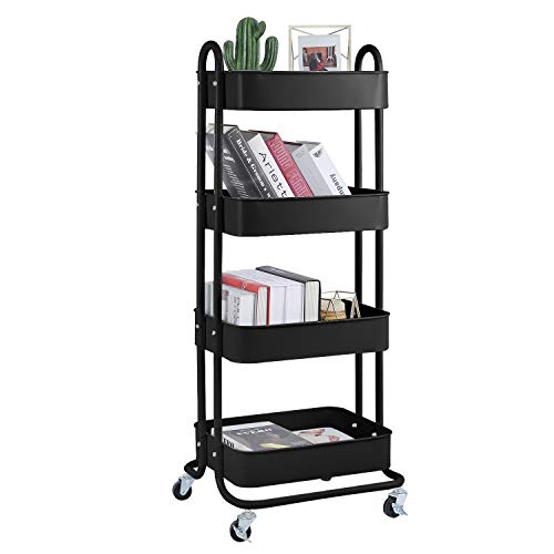 4-Tier Metal Mesh Utility Rolling Cart Storage Organizer Shelf Rack with Lockable Wheels for Living Room Kitchen Office, Black - color: B-black