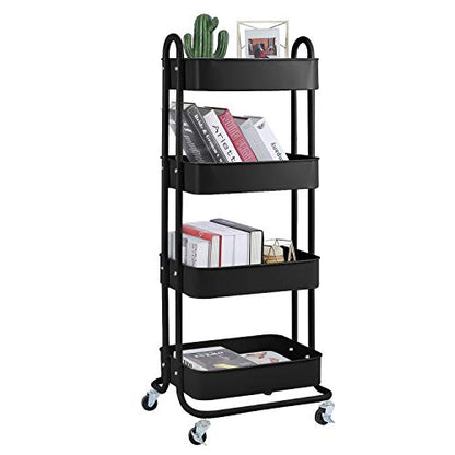 4-Tier Metal Mesh Utility Rolling Cart Storage Organizer Shelf Rack with Lockable Wheels for Living Room Kitchen Office, Black - color: B-black