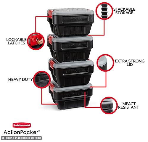 Rubbermaid® ActionPacker®️ 8 Gal Lockable Storage Box Pack of 4, Outdoor, Industrial, Rugged, Grey and Black - size: 8 gal-(Pack of 4)