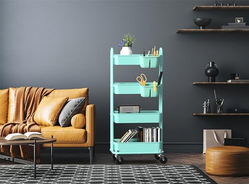 Simple Houseware 4-Tier Rolling Utility Cart with Hanging Bucket, Turquoise - color: Turqoise, size: 4-Tier