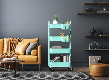 Simple Houseware 4-Tier Rolling Utility Cart with Hanging Bucket, Turquoise - color: Turqoise, size: 4-Tier