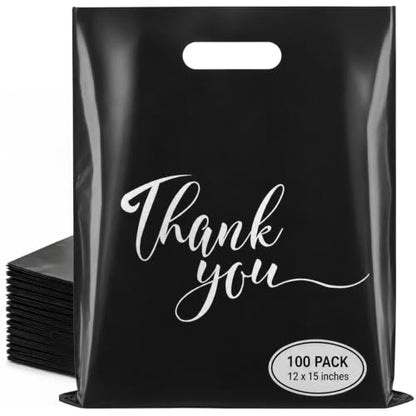 Rainbows & Lilies Thank You Plastic Bags with Handles, Black 100pk 12x15 in - color: Black