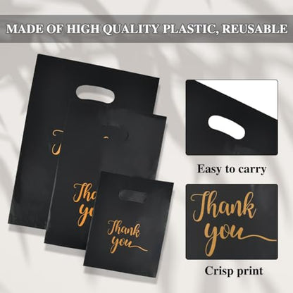 TIMESETL 300Pcs Thank You Bags for Small Business, Merchandise Bags 3 Sizes Shopping Bags with Handles Plastic Retail Shopping Bags Thank You Gift Bags Bulk Die Cut for Boutique, Gifts, Customers