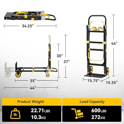Folding Hand Truck, 600 lbs Heavy Duty 3-in-1 Convertible Dolly Cart - color: Black-3
