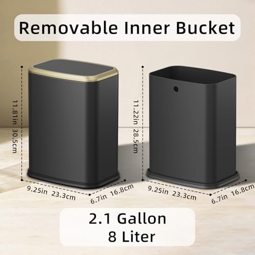 8L/2.1 Gallon Small Bathroom Trash Can with Lid, Swing-Top Rectangular Waste Bin, Stainless Steel Garbage Can for Home, Office, Toilet, Bedroom, Living-Room (Black) - color: Black