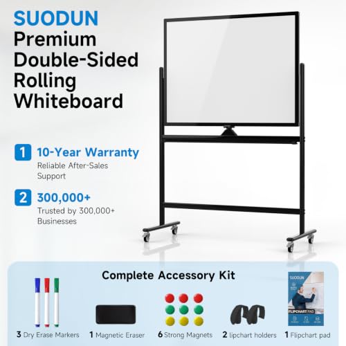 Mobile Rolling Whiteboard on Wheels 48" x 36" Double-Sided Magnetic - color: Black, size: 48X36