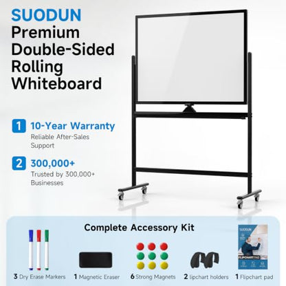 Mobile Rolling Whiteboard on Wheels 48" x 36" Double-Sided Magnetic - color: Black, size: 48X36