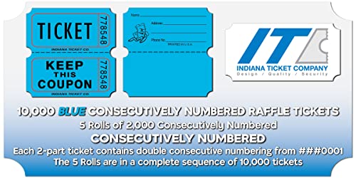 Raffle Tickets Roll, Blue, 10,000 Consecutively Numbered - color: C - Blue, size: 10,000