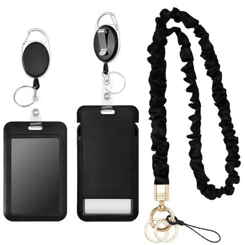 Stretchy Lanyard with Retractable ID Badge Holder,Detachable Keychain Teacher Lanyard for Keys Cute Neck Lanyard for Women - color: Black