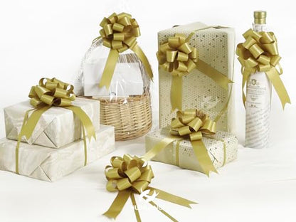 HUIHUANG Gold Christmas Bows for Gift Wrapping 12 PCS Gold Satin Pull Bows - color: Gold, size: 1 Pack (12 bows, 4 in x 8 in)