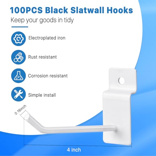 100 Pcs 4 Inch Slat Wall Hanging Hooks, White Iron Hooks for Display, Heavy Duty, Rust Resistant - color: White
