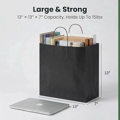 Large Black Kraft Paper Gift Bags with Handles, 13x7x13 Inch, 70 Pack - color: Black-70