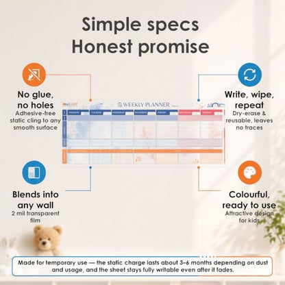 Dry Erase Weekly Calendar, 39.4x16" Weekly Dry Erase Board for Wall - style: Weekly Classic - Multi-color