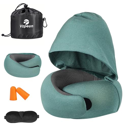 Travel Pillow - Hooded Neck Pillow Airplane Memory Foam Filling - color: Green
