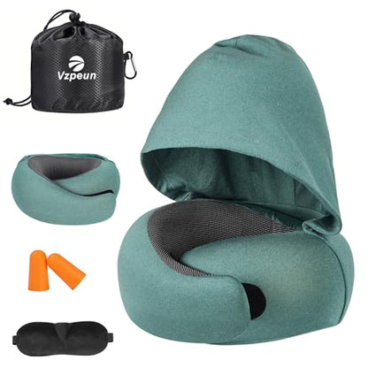 Travel Pillow - Hooded Neck Pillow Airplane Memory Foam Filling - color: Green