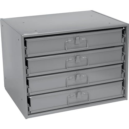 Global Industrial Durham Steel Compartment Box Rack with Four Adjustable Divider Compartment Boxes, 18" L x 12" W x 3" H Boxes, 20" L x 15-3/4"W x 15" H Overall