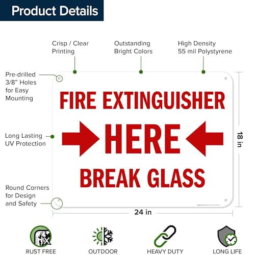 Fire Extinguisher Here Break Glass Sign, (MS-25700) 18x24 Inches, 55 mil thick HDPS (high density polystyrene), Made in USA by My Sign Center - size: 18x24 Polystyrene