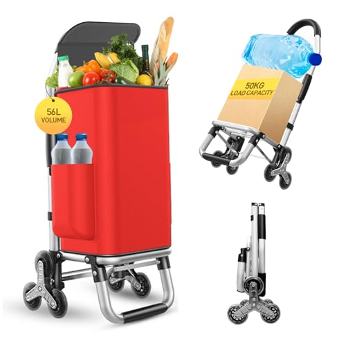 Heavy Duty 3 in 1 Shopping Cart, Foldable Hand Truck with 6 Wheels - color: Red