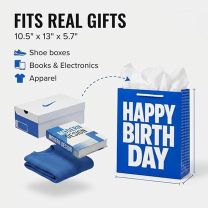 Birthday Gift Bag with Tissue Paper – Medium/Large Color Gift Bag with Handles (Pink, Blue, or Black) – Premium Paper Gift Bag for Birthday Gifts, Party Supplies, Gift Wrapping Alternative (BLUE) - color: Birthday Blue