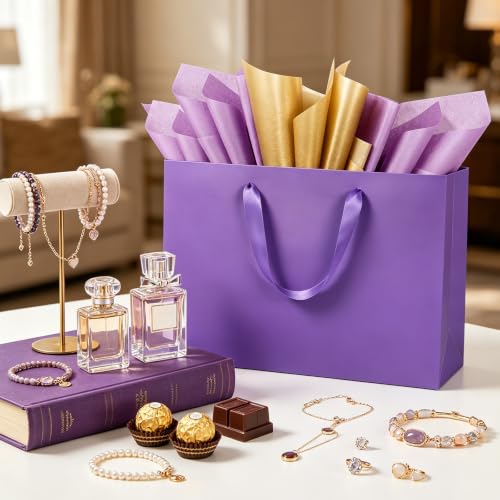 Epoesch 4 Pack Medium Purple Gift Bags with Handles and 12 Tissue Papers - color: Purple Gift Bags