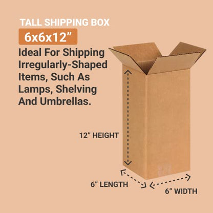 AVIDITI Long Boxes 6"L x 6"W x 12"H (25-Pack) Tall Corrugated Cardboard Box for Shipping, Packaging, Moving, Storage Box, Home or Business Strong Wholesale Bulk Boxes - size: 6x6x12