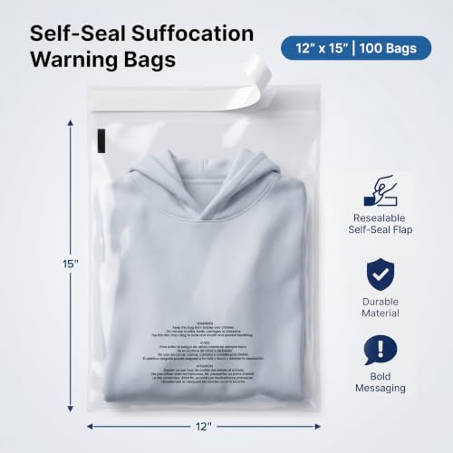 12” X 15” (100 Count) Self Seal Clear Poly Bags with Suffocation Warning - size: 12" X 15"