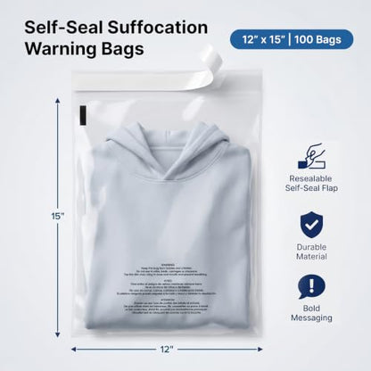 12” X 15” (100 Count) Self Seal Clear Poly Bags with Suffocation Warning - size: 12" X 15"