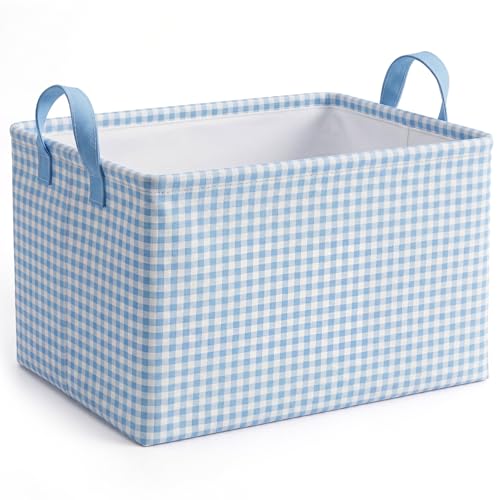 Hushee Blue Gingham Basket Checkered Storage Collapsible Bin with Handles - color: Blue