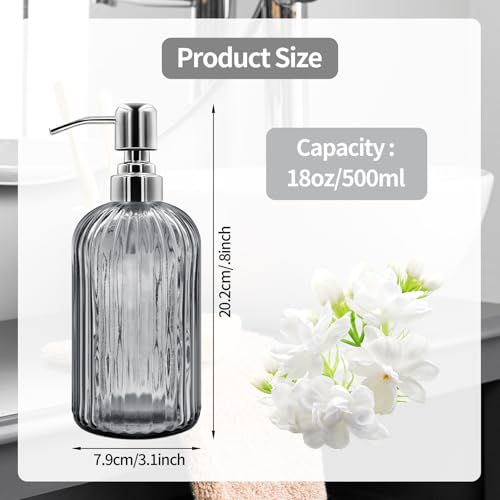 18 Oz Glass Soap Dispenser with Stainless Steel Pump, Modern Ribbed Design Refillable Liquid Soap Bottle for Bathroom, Kitchen, Hand Soap, Dish Soap, or Lotion (Grey) - color: Gray