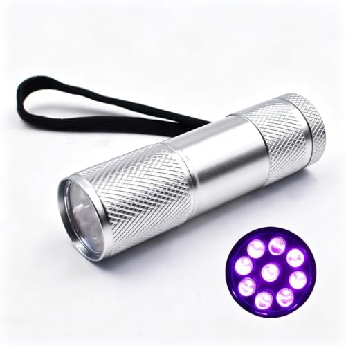 Silver Portable 395nm UV Flashlight Light - 9 LED Pet Urine Detector for Dogs & Cats, Currency Authenticator, Stain Finder for Carpets & Rugs, Aluminum Alloy with Non-Slip Grip(Batteries Not Included) - color: Silver