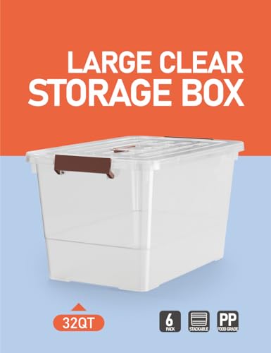 WYT 32 Qt Plastic Clear Storage Bin with Durable Lids and Latching Buckle, 6-Pack Tote Organizing Box Stackable and Nestable - size: 32qt - 6 pack