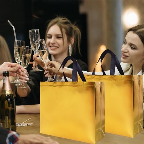 cabzymx 15 Pcs Glossy Yellow Gold Reusable Gift Bags Bulk, 12.6 x 4.7 x 11 In Holiday Party Bags with Handles & Sturdy Bases, Ideal Goodie Bag for Birthday, Wedding, Xmas, Thanksgiving - color: Yellow, size: 1 Count (Pack of 15)