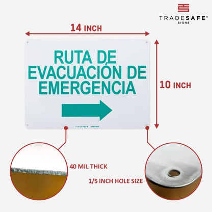 TRADESAFE Emergency Evacuation Route Arrow Right Sign – Ruta De Evacuación De Emergencia Spanish Sign, Quick Install, Light Reflective, UV-Resistant, Waterproof, 14” X 10” Aluminum Safety Signs - style: Ruta De Evacuación De Emergencia Arrow Right