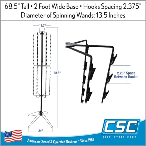 Clip Strip Corp. Free Standing Spinner Retail Display Rack 68.5" H,108 Total Clips, 4" Top Wire Sign Holder, 12 Rotating Rods each w/ 9 Heavy Duty Genuine Coil Spring Clips, 24" W Base, Black