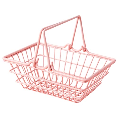 Toddmomy Pink Mini Shopping Basket, 9.25" x 6.29" x 3.54" Metal Wire Basket with Handle for Kids Grocery Play Home Storage Photo Props