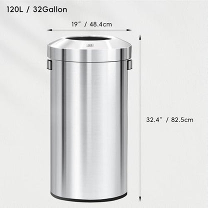 EKO 32-Gallon Round Stainless Steel Open Top Trash Can, Large Commercial Waste Bin with Detachable Lid and Carrying Handle, Brushed Metal Garbage Bin for Home, Office, Restaurant, Restroom - color: Stainless Steel, size: 120 Liter, Round