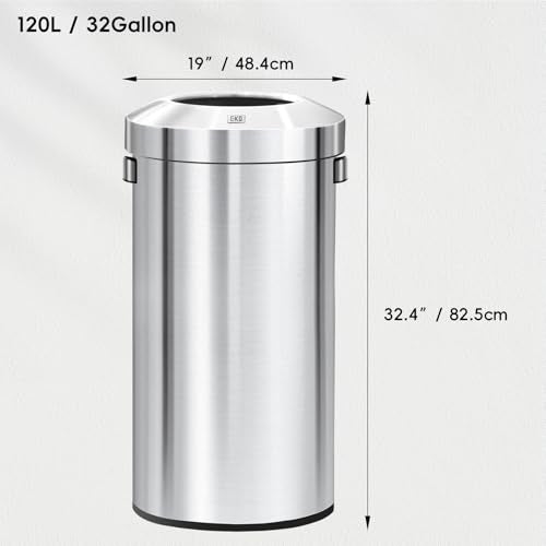 EKO 32-Gallon Round Stainless Steel Open Top Trash Can, Large Commercial Waste Bin with Detachable Lid and Carrying Handle, Brushed Metal Garbage Bin for Home, Office, Restaurant, Restroom - color: Stainless Steel, size: 120 Liter, Round