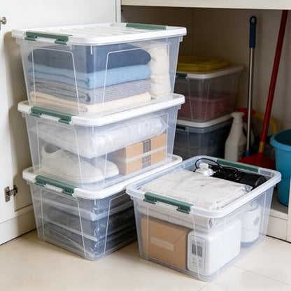 Storage Latching Bins, 35 Quart Clear Plastic, 4-Pack Storage Box - size: 35 Quart
