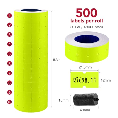 30 Rolls 15000pcs White Price Gun Labels for Mx-5500 Labeller White Pricemarker Stickers Plus 3 Piece Refill Ink Rolls (Yellow) - color: Yellow
