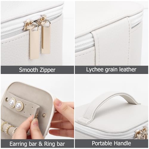 DesignSter Small Jewelry Box, Travel Small Jewelry Organizer with Earring Tray and Ring Holder, Square Travel Jewelry Storage Case with 6 Velvet Jewelry Pouches, Beige - color: Beige