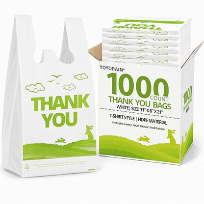 YoYoRain 1000 Count White Thank You T-Shirt Bags, 11 x 6 x 21 in - color: white green