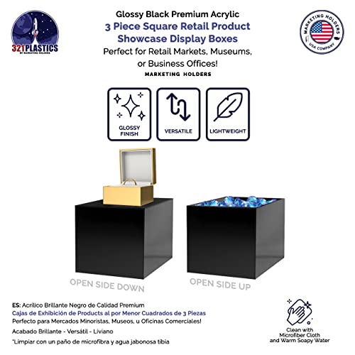 Acrylic Display Riser Boxes 3 Piece Black No Lid Retail Product Riser with Hollow Bottom 4", 5", 6" High Nesting Bins One Open Side Merchandise Storage Box by Marketing Holders - size: Set of 3 Black