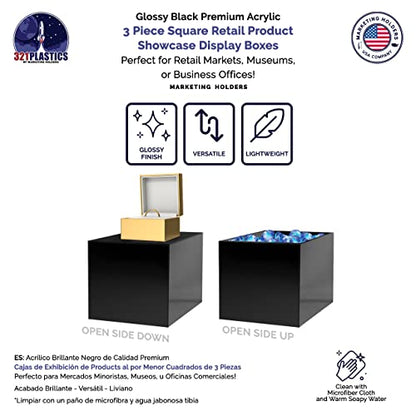 Acrylic Display Riser Boxes 3 Piece Black No Lid Retail Product Riser with Hollow Bottom 4", 5", 6" High Nesting Bins One Open Side Merchandise Storage Box by Marketing Holders - size: Set of 3 Black