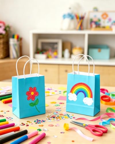 qiqee 24PCS Mini Gift Bag with Handles Bulk 4.5"x2.5"x6" Gift Bags Lake Blue Bags Multiple Uses - color: Lake Blue