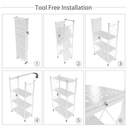 4-Tier Folding Shelf with Wheels No Assembly Portable Shelves - color: White, size: 4 Tier