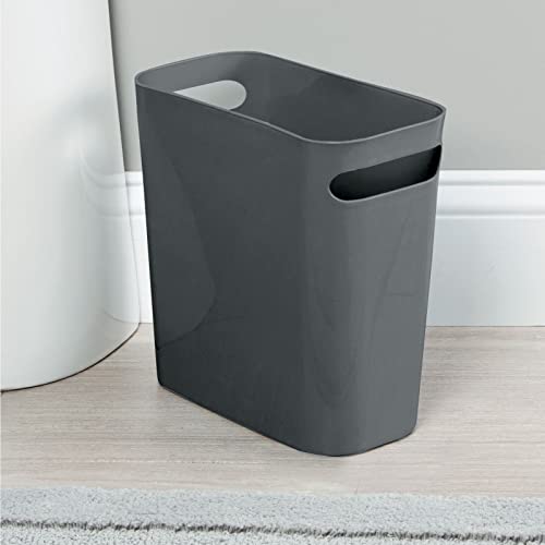 mDesign Plastic Small Trash Can, 1.5 Gallon/5.7-Liter Wastebasket, Narrow Garbage Bin with Handles for Bathroom, Laundry, Home Office - Holds Waste, Recycling, 10" High, Aura Collection, Charcoal Gray - color: Charcoal